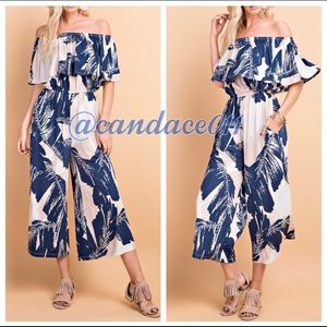 CC Boutique Blue and White Off-Shoulder Jumpsuit